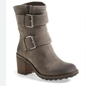 Sam Edelman Troy Moto Boots gray suede pull on‎ double buckle straps Sz 9